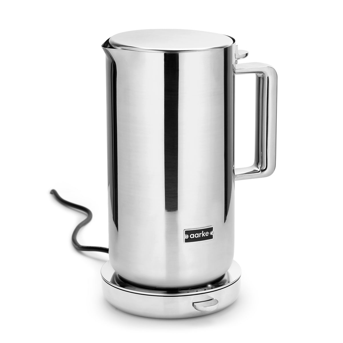 Stylish modern kettle made from stainless steel and designed in Sweden by Aarke with polished finish showing side view