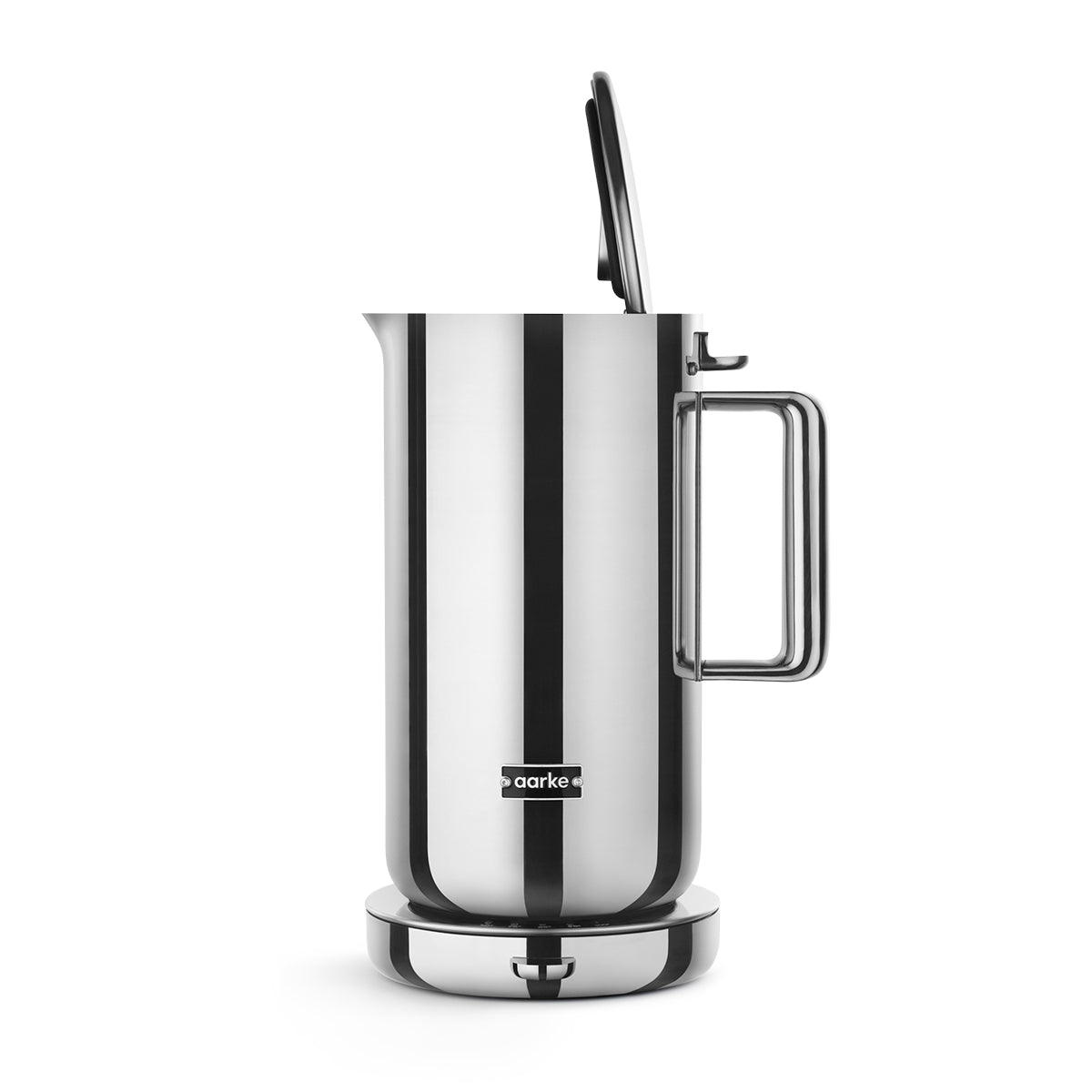 Stylish modern kettle made from stainless steel and designed in Sweden by Aarke with polished finish showing lid open