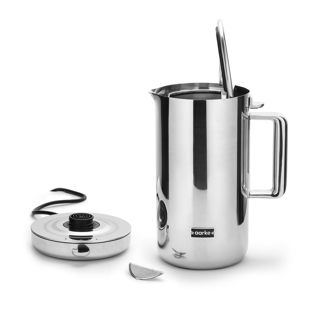 Stylish modern kettle made from stainless steel and designed in Sweden by Aarke with polished finish showing the base