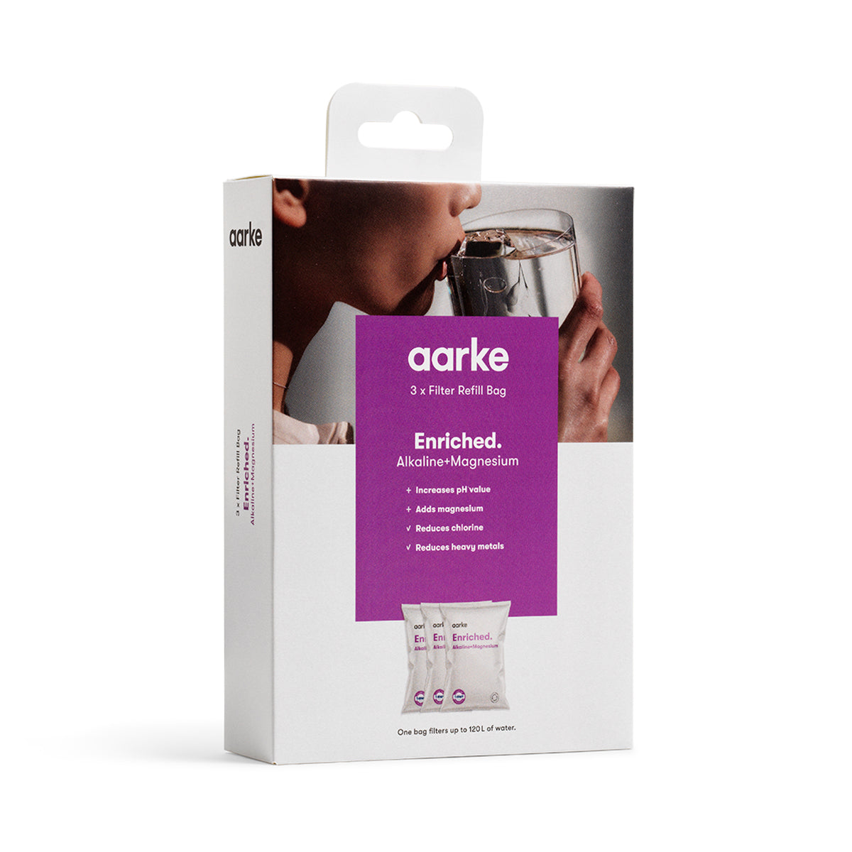 Refill pack enriched version for use with the Aarke Purifier jug side view