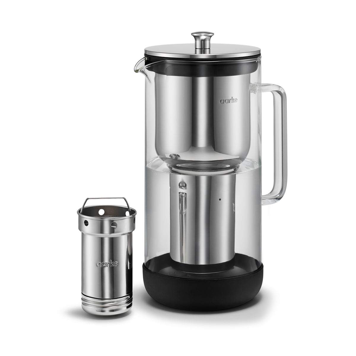 Stylish water purifier jug made from glass and stainelss steel, designed by Aarke in Sweden