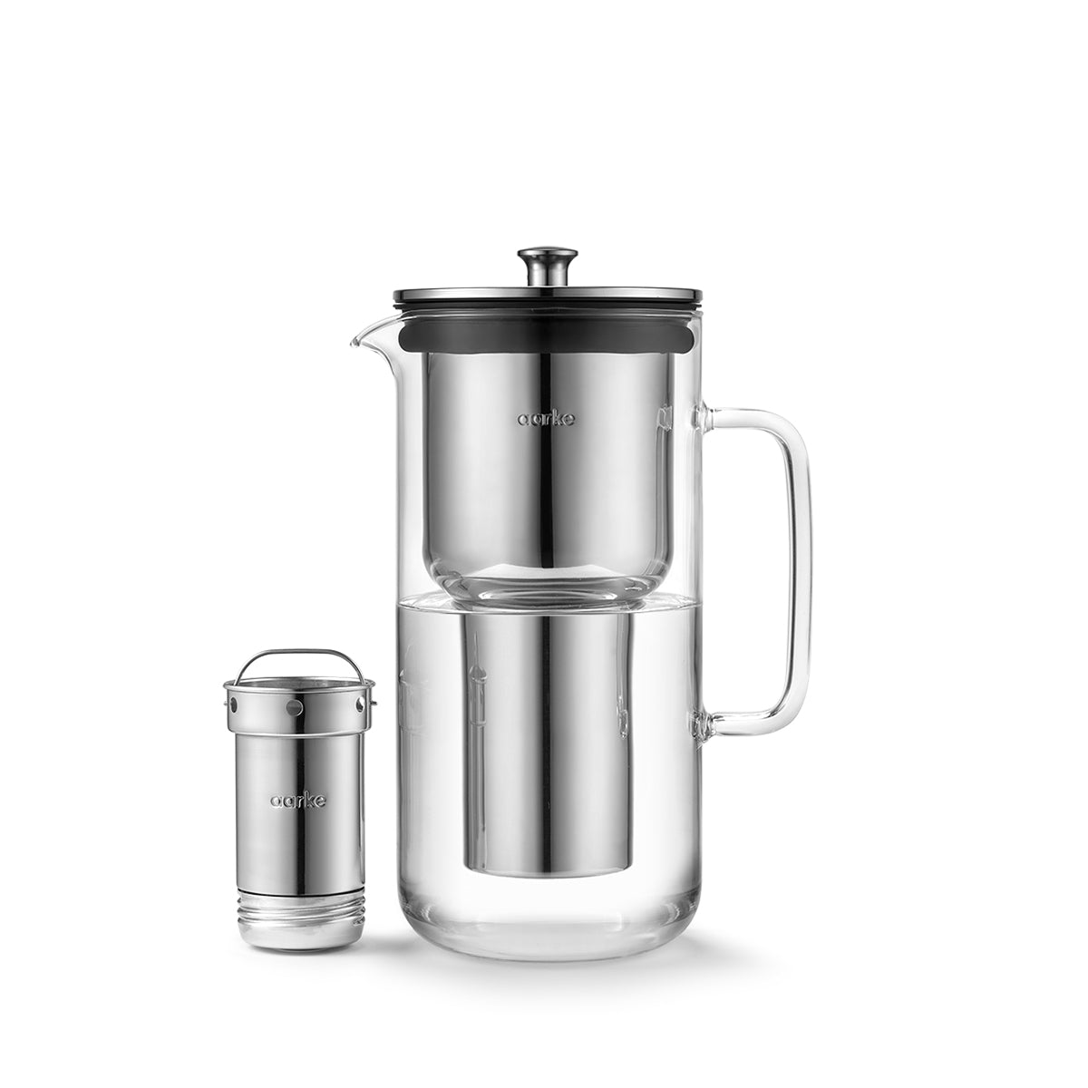 Stylish water purifier jug made from glass and stainelss steel, designed by Aarke in Sweden side view