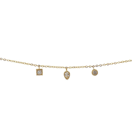 Showing the three bracelet pendants from AEC Paris Anya White Zirconium Oxide bracelet - 3-stone droplet bracelet with white cubic zirconia on 14k gold-plated stainless steel, hypoallergenic and durable everyday jewellery, minimalist elegant design.