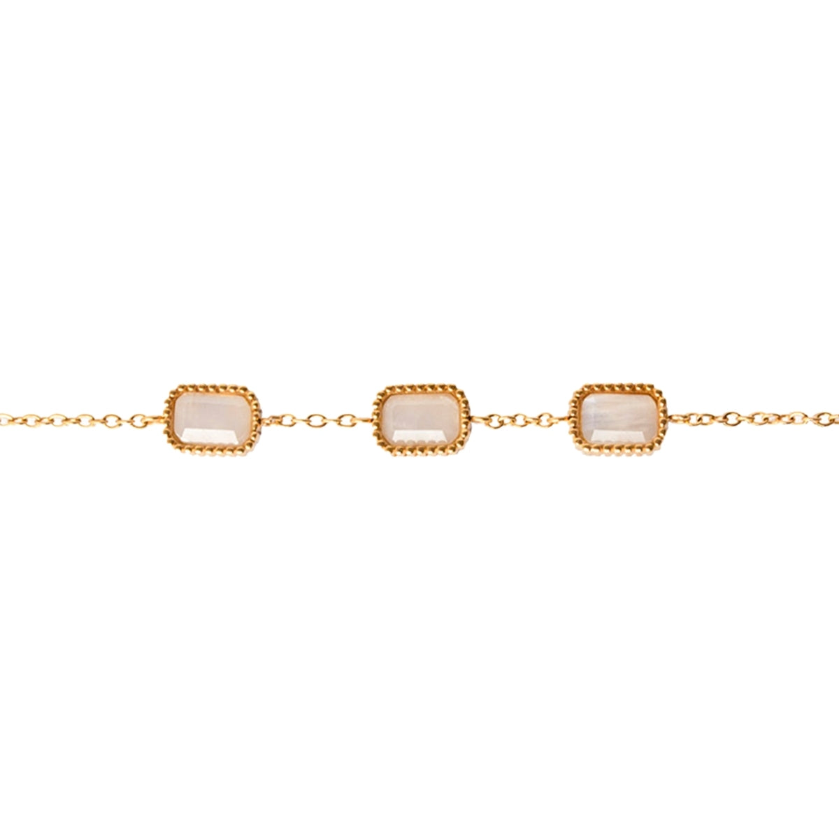 Close up of 3 moonstones on AEC Paris Eurybie bracelet in straight line on white background