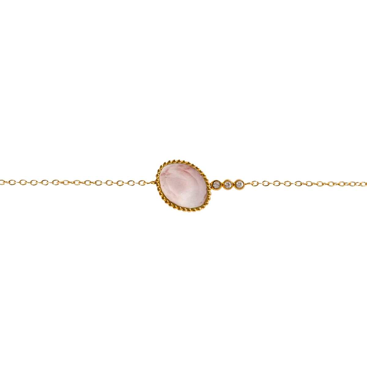 AEC Paris Hygie Watermelon Quartz bracelet - gold chain bracelet with round watermelon quartz gemstones and cubic zirconia accents, 14k gold-plated stainless-steel, durable hypoallergenic everyday jewellery promoting love and harmony.