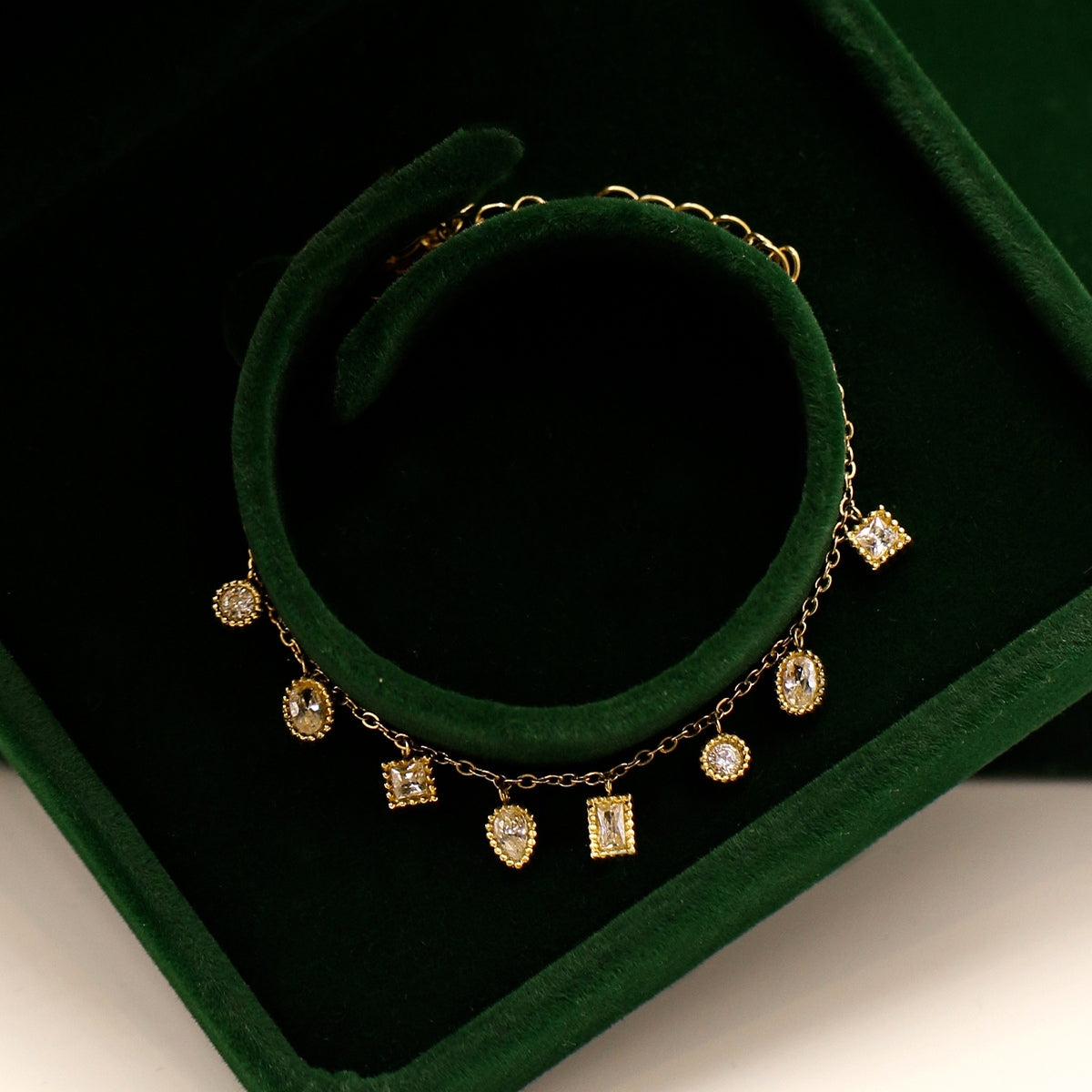 AEC Paris Isha white zirconium oxide bracelet in green velvet box 
