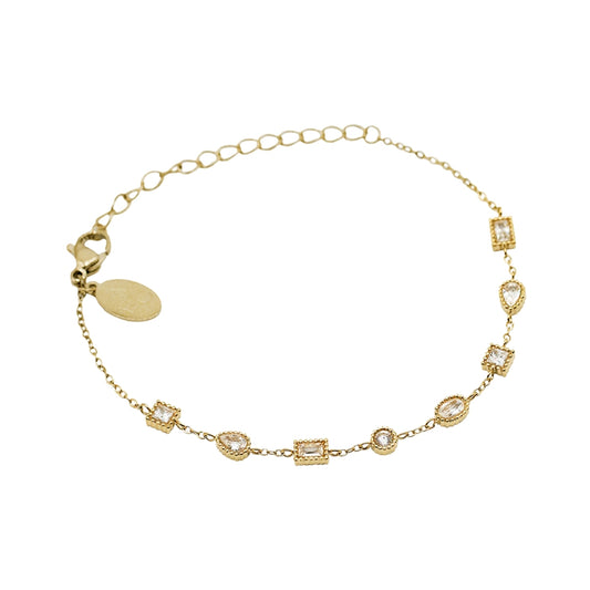 AEC Paris Nila bracelet - gold multi-stone station bracelet in 14k gold-plated stainless steel, polished gold colour material featuring white cubic zirconia stones for a sparkling, elegant finish.