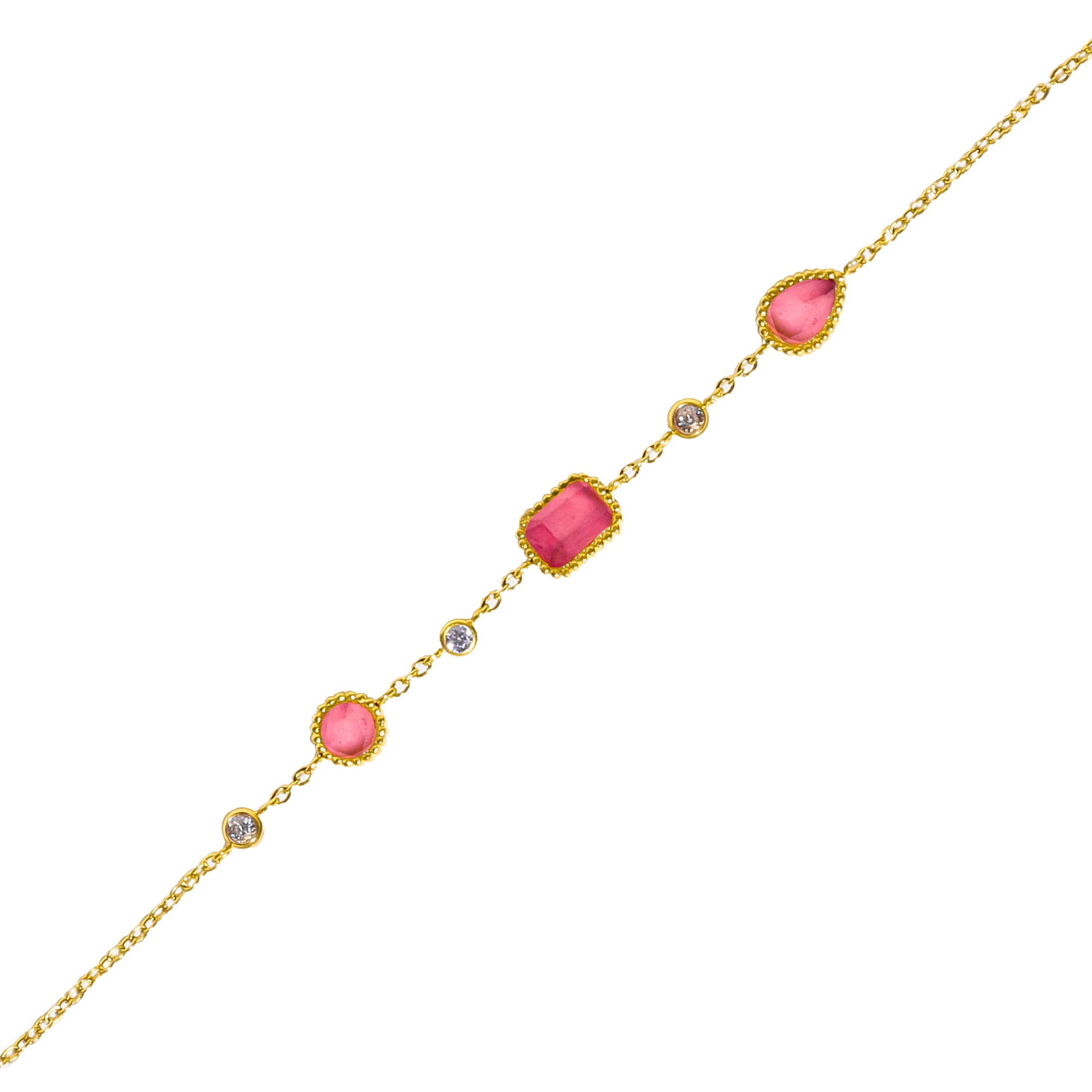 AEC Paris Pelagia bracelet - 14k gold-plated stainless steel chain bracelet with six rose agate stones and cubic zirconia accents, pink and gold tones, hypoallergenic durable materials featuring natural stone variations.