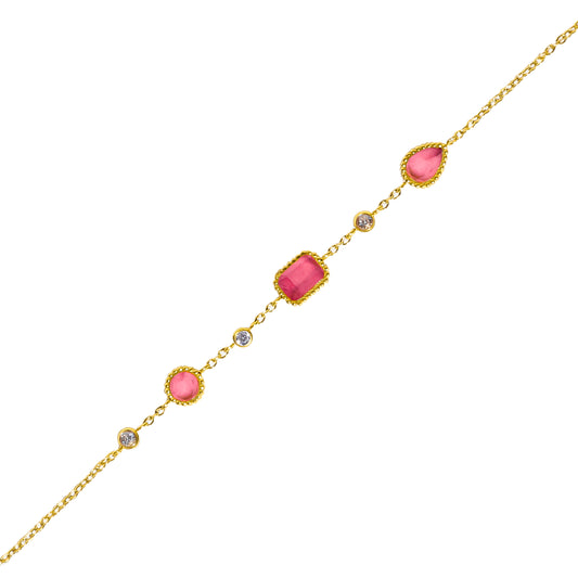 AEC Paris Pelagia bracelet - 14k gold-plated stainless steel chain bracelet with six rose agate stones and cubic zirconia accents, pink and gold tones, hypoallergenic durable materials featuring natural stone variations.