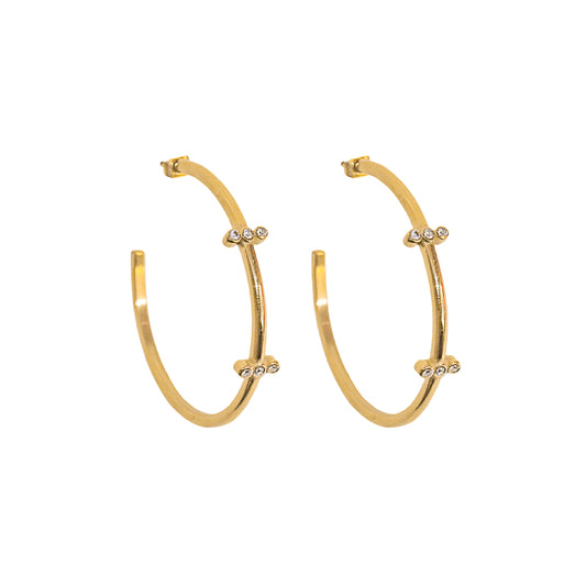 AEC Paris Aura White Zirconium Oxide earrings - multi-stone open hoop earrings with white cubic zirconia on 14k gold-plated stainless steel, hypoallergenic, durable, elegant everyday jewellery, 45mm diameter.