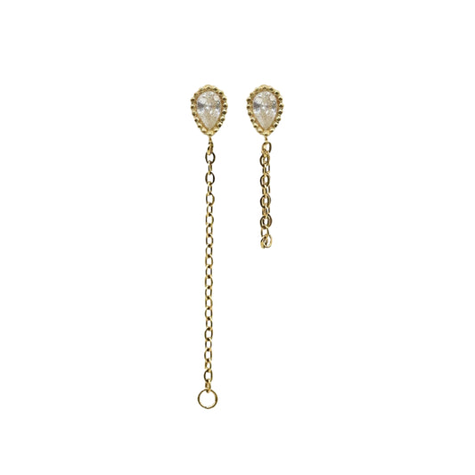 AEC Paris bala teardrop white-zirconium oxide earings with one full length and one half length on white background