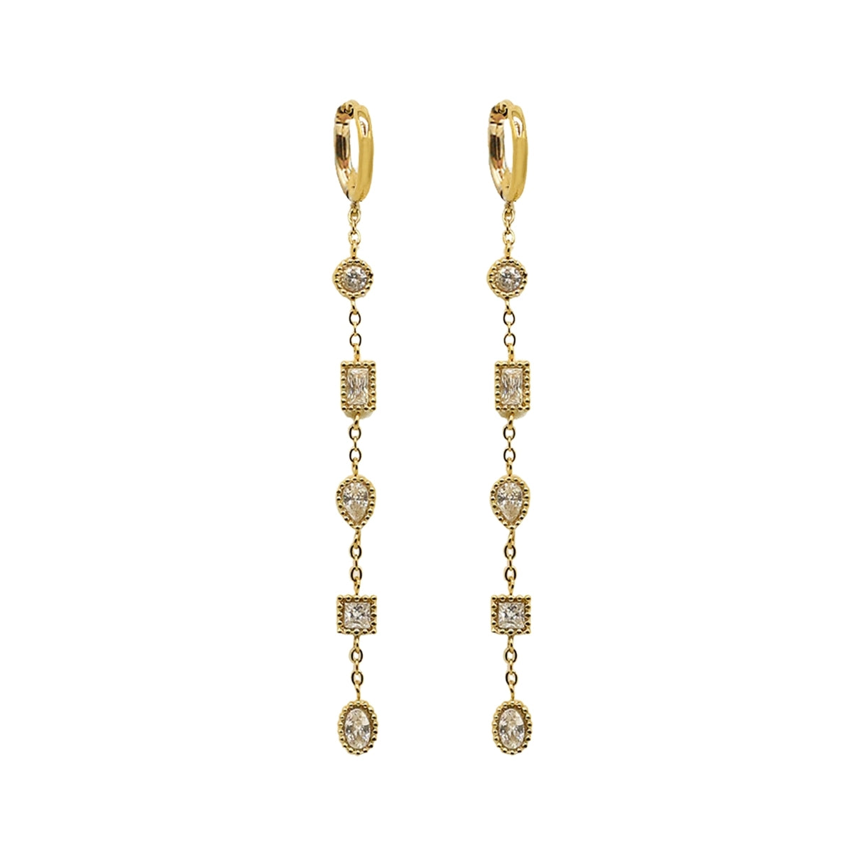Showing the full view a pair of AEC Paris Calie White Zirconium Oxide earrings - mini hoop earrings with multi-stone cubic zirconia dangle on 14k gold-plated stainless steel, hypoallergenic, durable, elegant everyday jewellery.