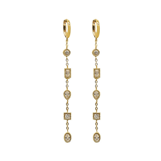 Showing the full view a pair of AEC Paris Calie White Zirconium Oxide earrings - mini hoop earrings with multi-stone cubic zirconia dangle on 14k gold-plated stainless steel, hypoallergenic, durable, elegant everyday jewellery.