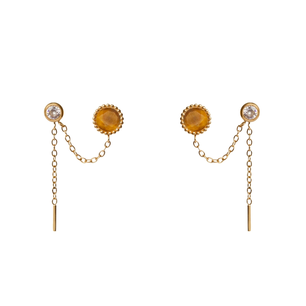 AEC Paris Chloris tiger eye two stud chain earrings on white background
