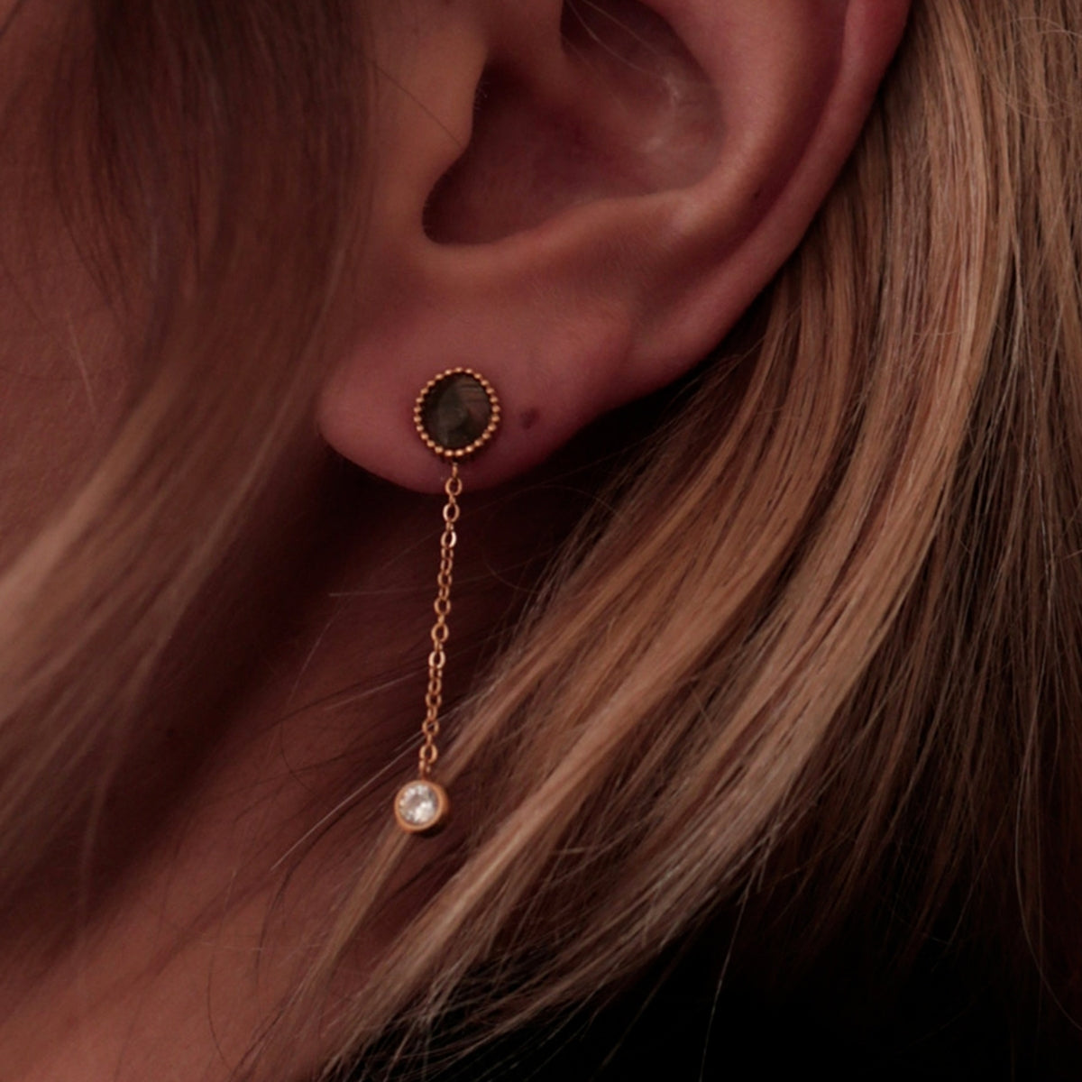 Close up of woman wearing AEC Paris Clio Labradorite drop earrings 