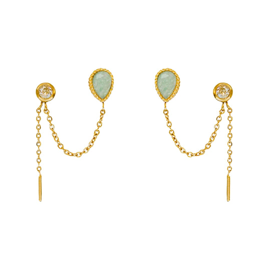 AEC Paris Cybele Aventurine earrings - teardrop gemstone two stud chain drop earrings with aventurine on 14k gold-plated stainless steel, hypoallergenic, durable, elegant everyday jewellery.
