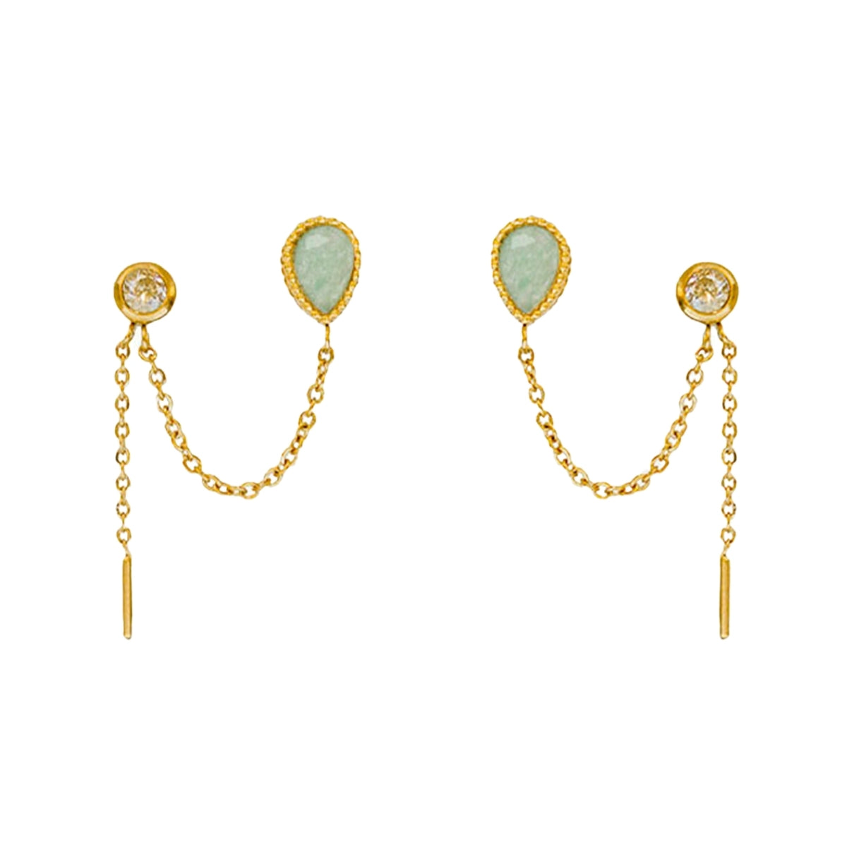 Upclose view of the AEC Paris Cybele Aventurine earrings - teardrop gemstone two stud chain drop earrings with aventurine on 14k gold-plated stainless steel, hypoallergenic, durable, elegant everyday jewellery.