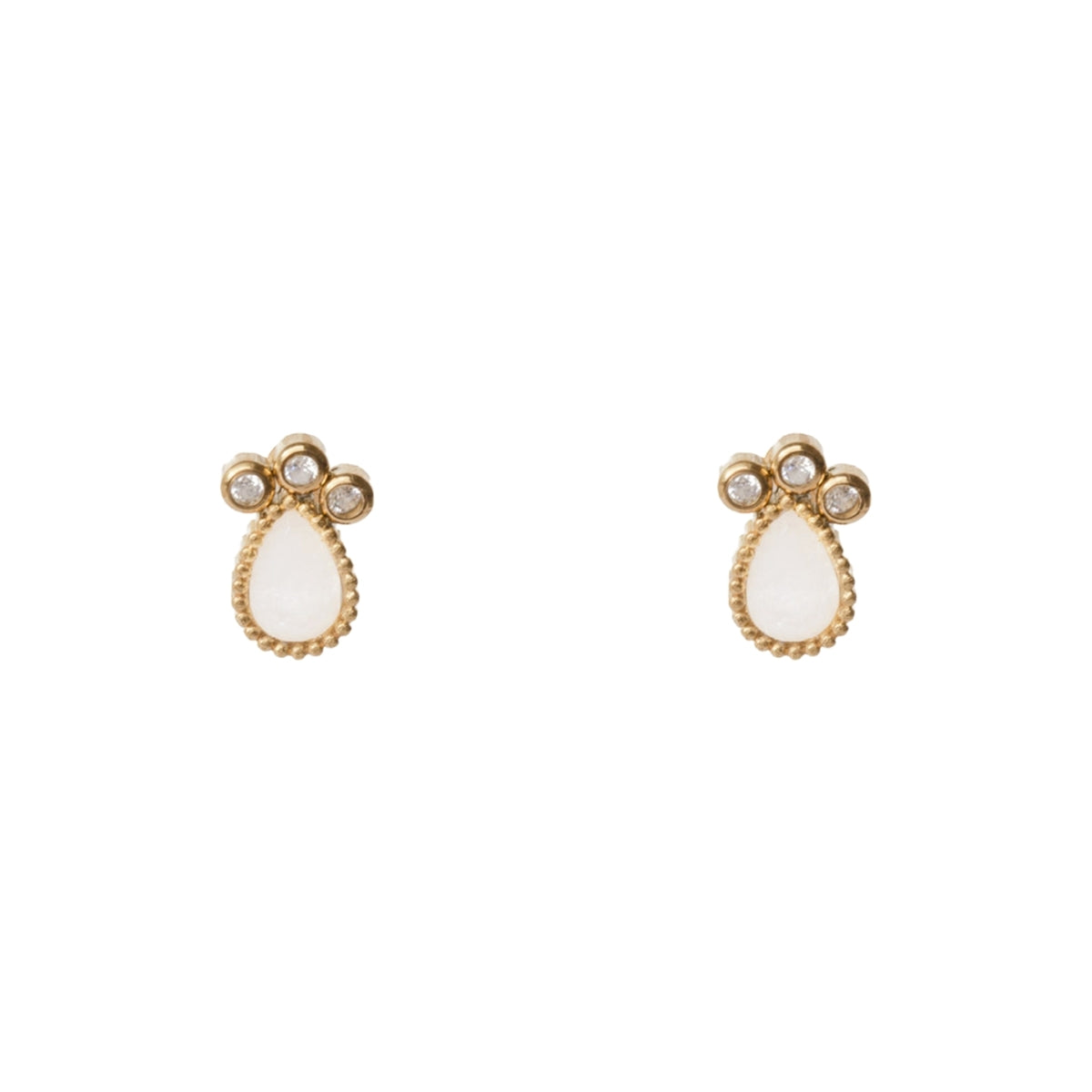 Another upclose view of AEC Paris Venus Moonstone earrings - teardrop gemstone cluster stud earrings with moonstone on 14k gold-plated stainless steel, hypoallergenic, durable, elegant everyday jewellery.