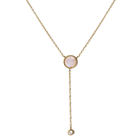 AEC Paris Sunna necklace - gold-plated stainless steel necklace with round moonstone pendant, gold and opalescent tones, durable hypoallergenic material featuring a semi-precious moonstone drop with natural shade variations.