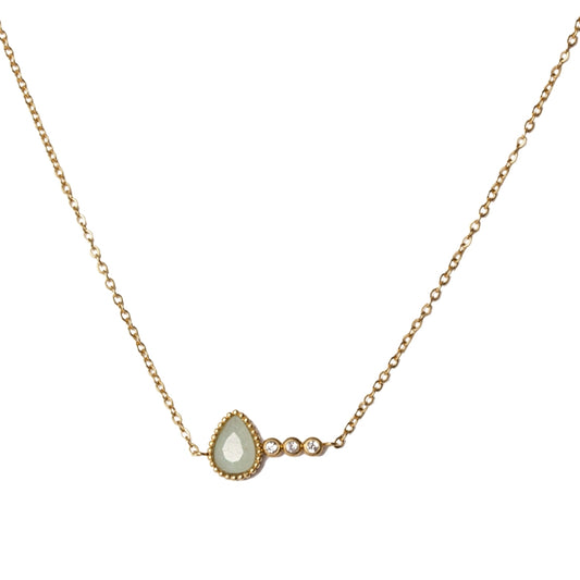 AEC Paris Tyche necklace - gold teardrop gemstone chain necklace in 14k gold-plated stainless steel, polished gold colour material featuring an aventurine stone for a lucky, abundance-inspired jewellery look.