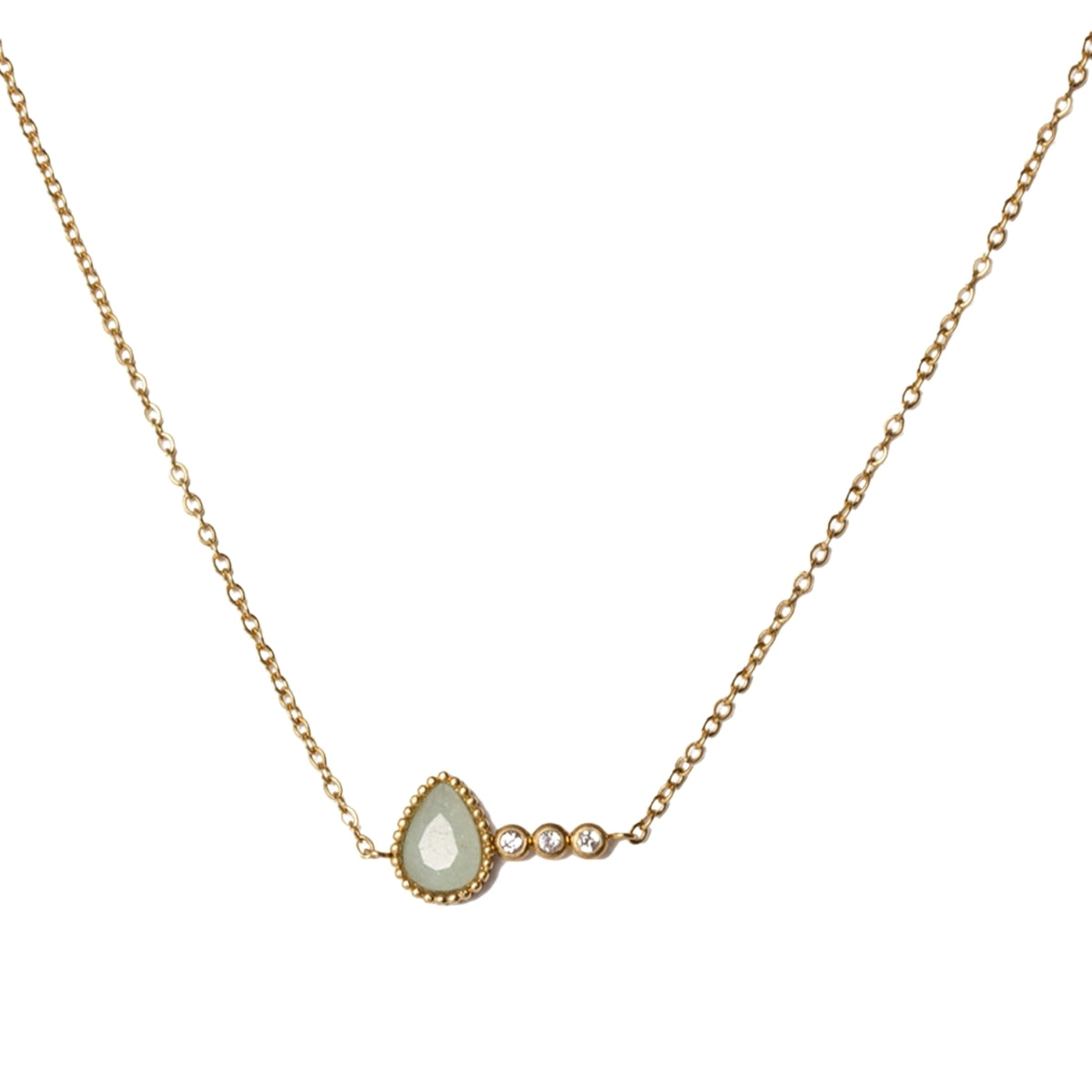 Another photo of AEC Paris Tyche necklace - gold teardrop gemstone chain necklace in 14k gold-plated stainless steel, polished gold colour material featuring an aventurine stone for a lucky, abundance-inspired jewellery look.