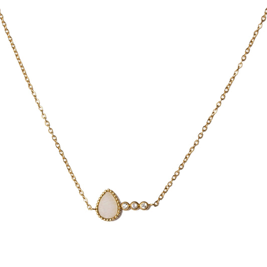 AEC Paris Tyche necklace - teardrop moonstone pendant on 14k gold-plated stainless steel chain, gold and iridescent white tones, durable hypoallergenic materials featuring natural stone variations.