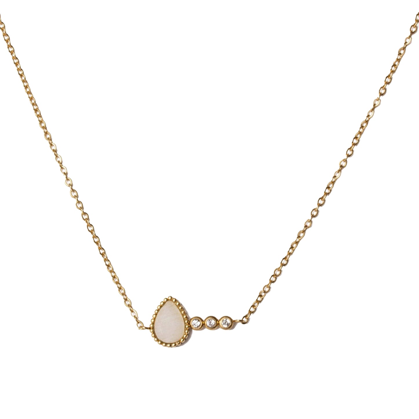 Another photo of AEC Paris Tyche necklace - teardrop moonstone pendant on 14k gold-plated stainless steel chain, gold and iridescent white tones, durable hypoallergenic materials featuring natural stone variations.