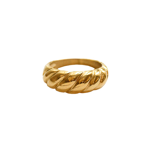 Close up on the size 6 AEC Paris Aquarius Gold ring - solid croissant ring in 18k gold-plated stainless steel, durable, hypoallergenic, minimalist design, luxury everyday jewellery.
