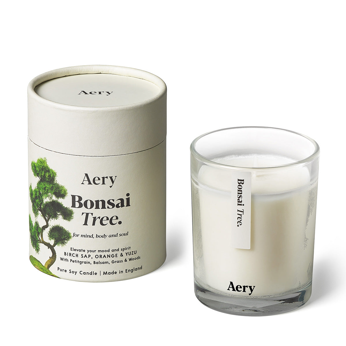 Aery Bonsai tree 200gm candle from the Botanical Collection showing candle and packaging on white background
