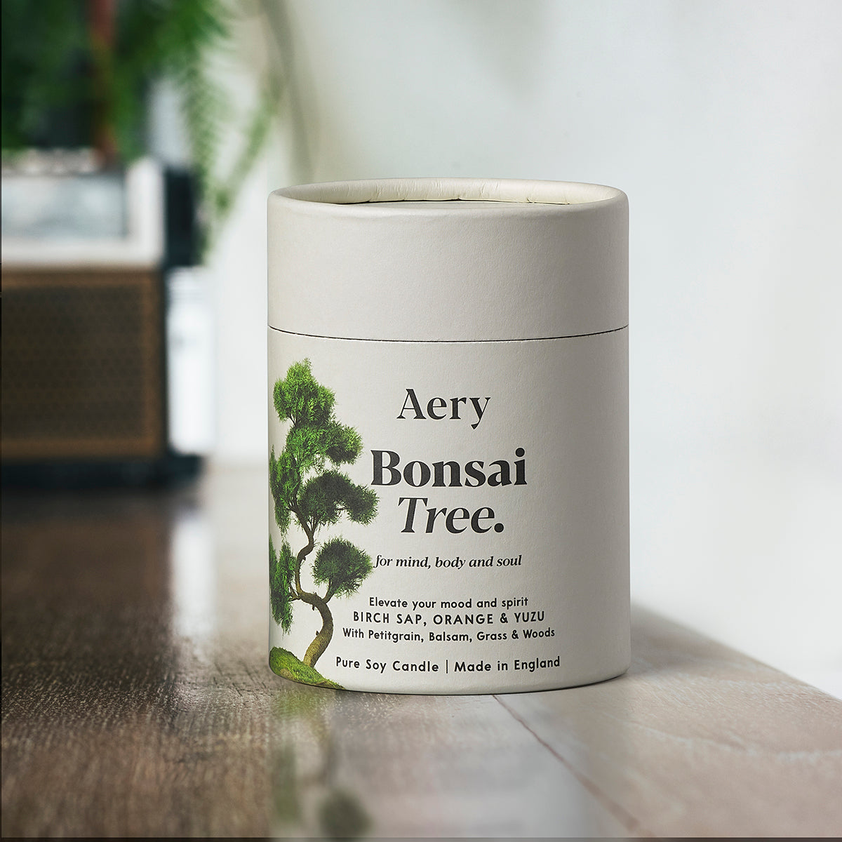 Aery Bonsai tree 200gm candle from the Botanical Collection showing candle and packaging on wooden table