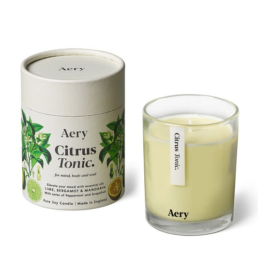 Aery Citrus Tonic 200gm candle from the Botanical Collection showing candle and packaging on white background