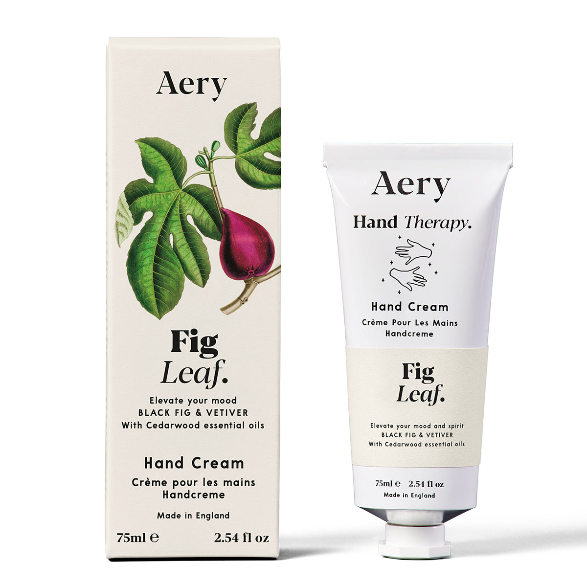 Aery 75ml Fig Leaf hand cream from the Botanical collection showing hand cream and packaging on white background