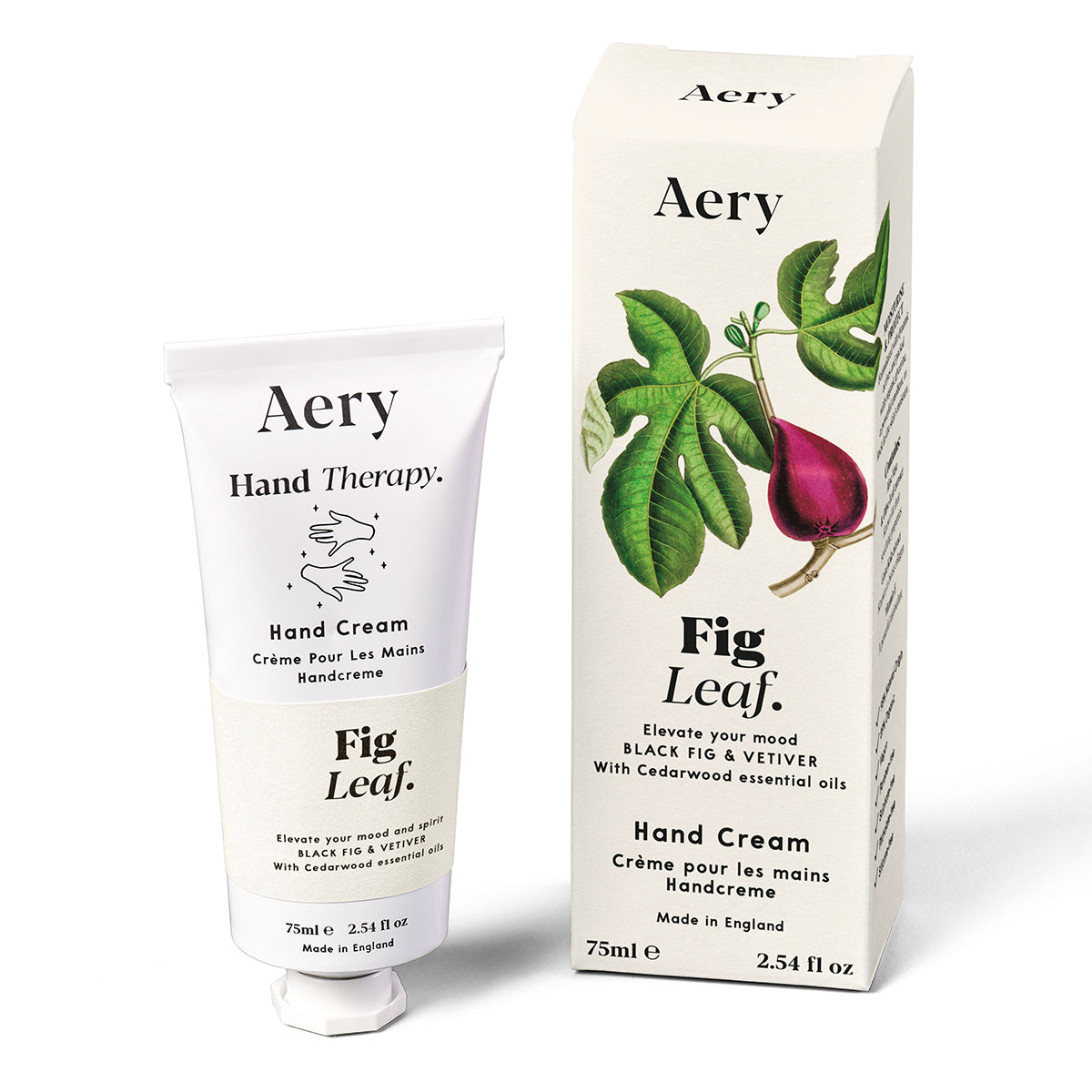 Aery 75ml Fig Leaf hand cream from the Botanical collection showing hand cream and packaging on an angle on a white background