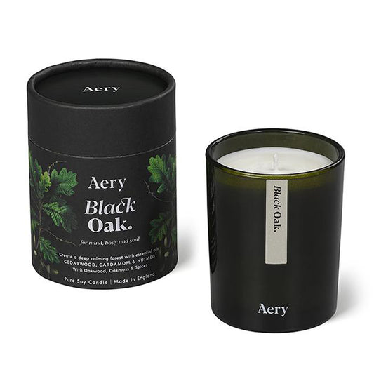 Aery Black oak 200gm candle from the Botanical Green Collection showing candle and packaging on white background