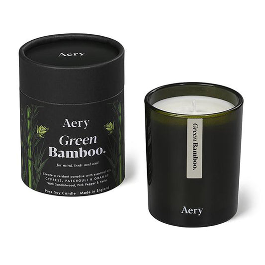 Aery Green Bamboo 200gm candle from the Botanical Green Collection showing candle and packaging on white background