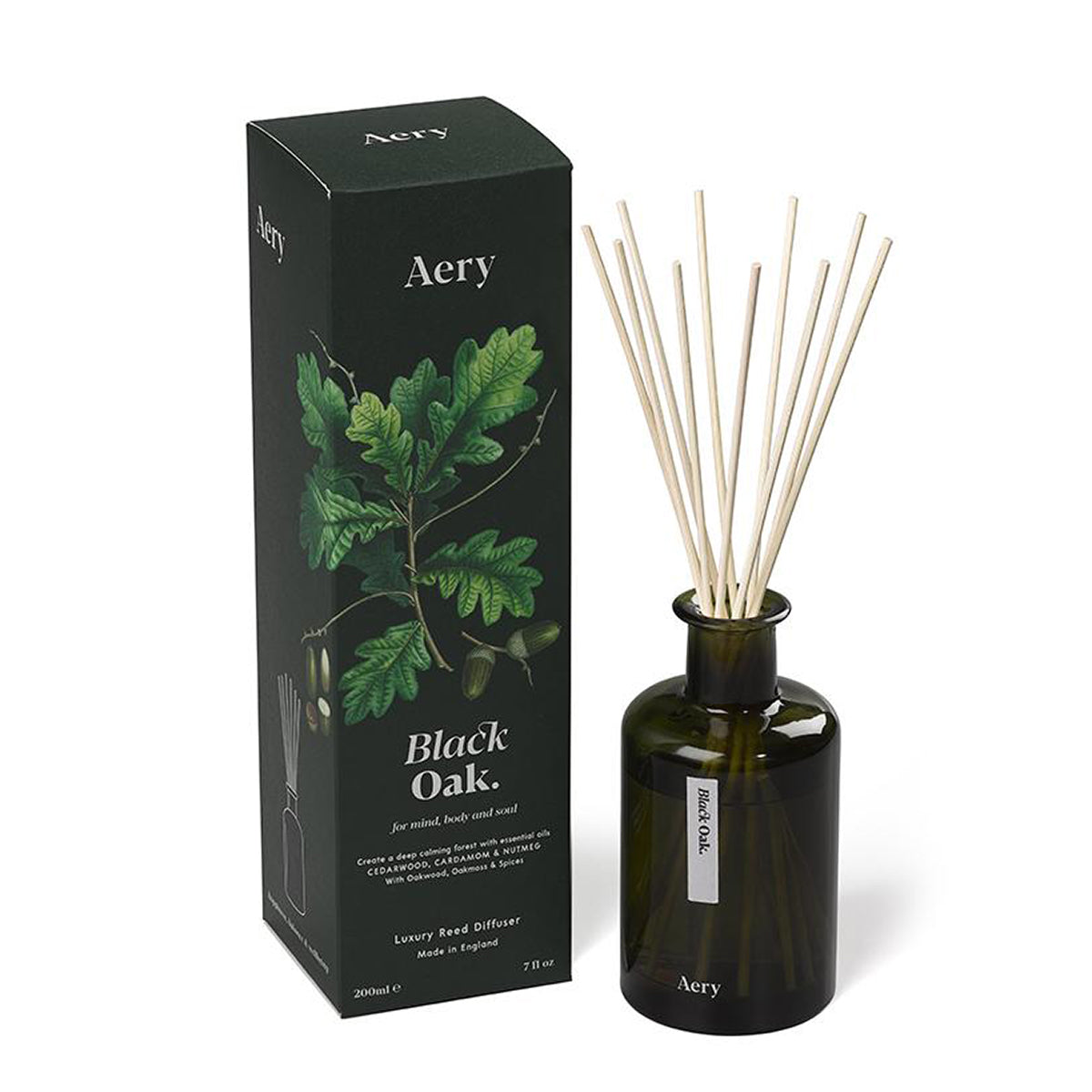 Aery Black Oak 200ml diffuser from the Botanical Green collection showing diffuser and packaging on white background