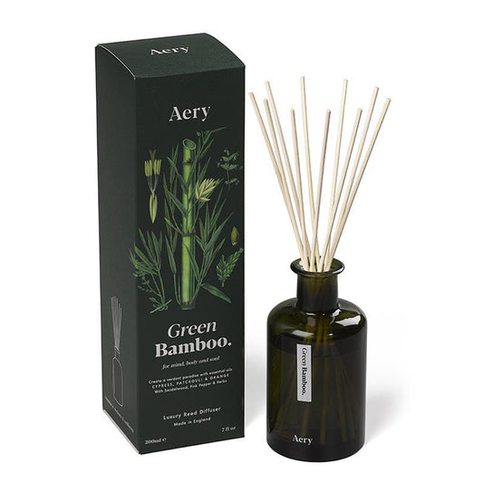 Aery Green Bamboo 200ml diffuser from the Botanical Green collection showing diffuser and packaging on white background