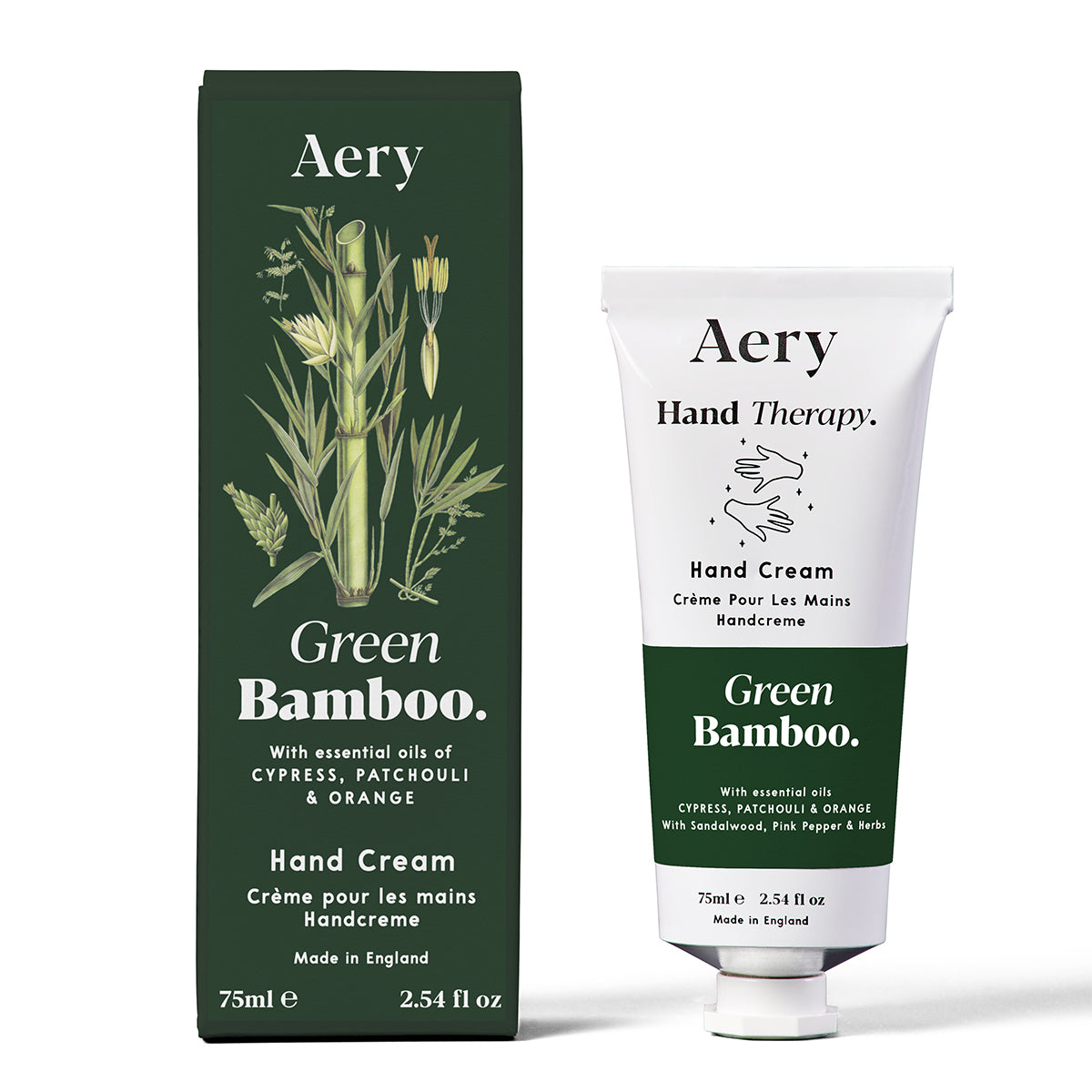 Aery 75ml Green Bamboo hand cream from the Botanical Green collection showing hand cream and packaging on white background