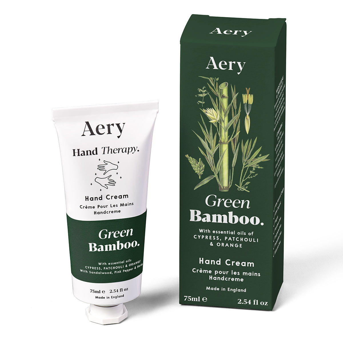 Aery 75ml Green Bamboo hand cream from the Botanical Green collection showing hand cream and packaging on an angle on a white background
