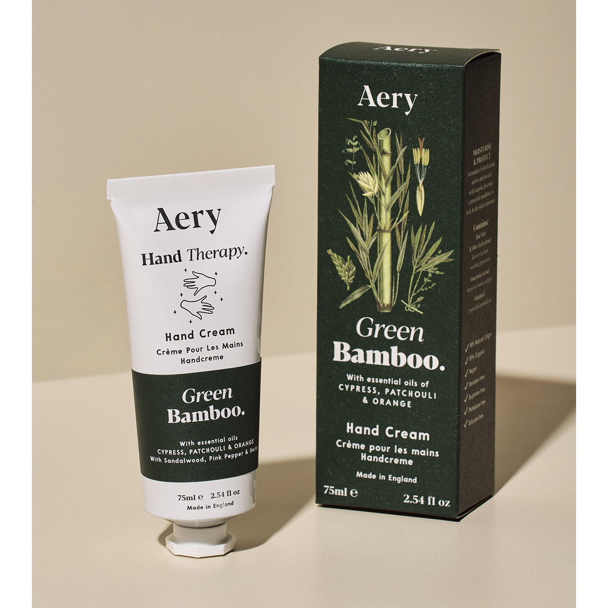 Aery 75ml Green Bamboohand cream from the Botanical Green collection showing hand cream and packaging on a beige background