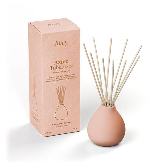 Aery Aztec Tuberose 200ml diffuser from the Fernweh collection showing diffuser and packaging on white background