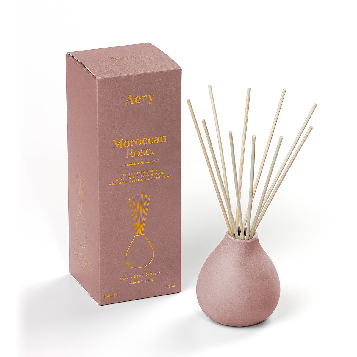 Aery Moroccan Rose 200ml diffuser from the Fernweh collection showing diffuser and packaging on white background