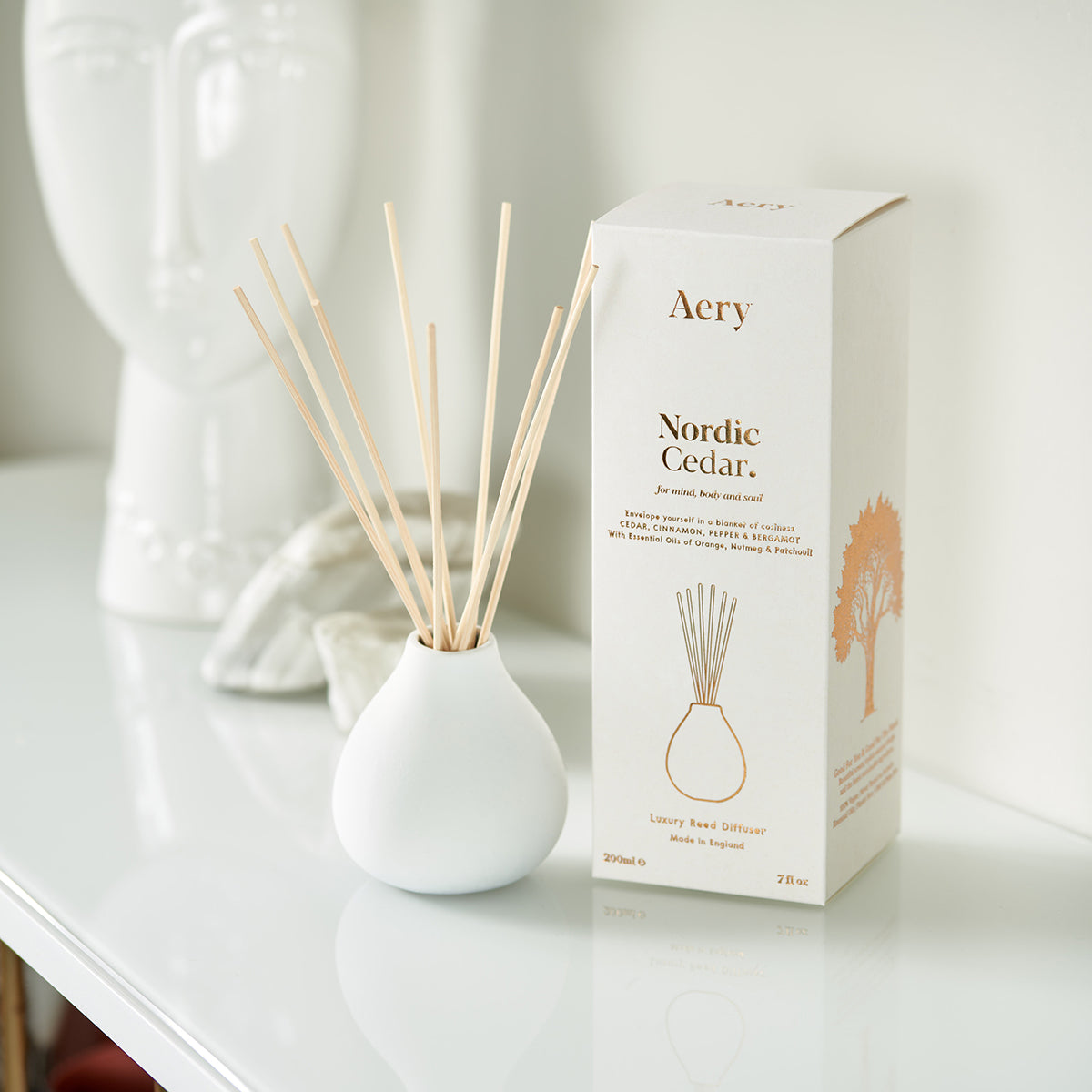 Aery Nordic Cedar 200ml diffuser from the Fernweh collection showing diffuser and packaging on white background
