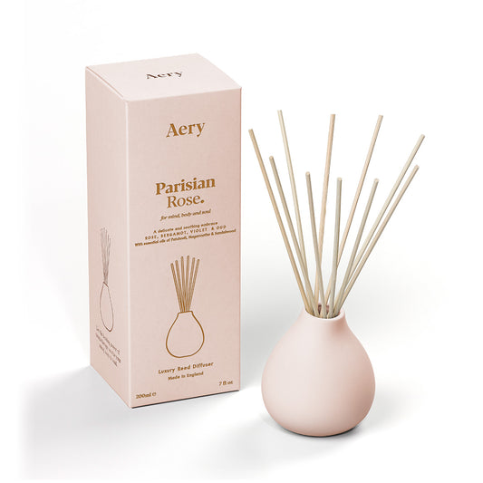 Aery Parisian Rose 200ml diffuser from the Fernweh collection showing diffuser and packaging on white background