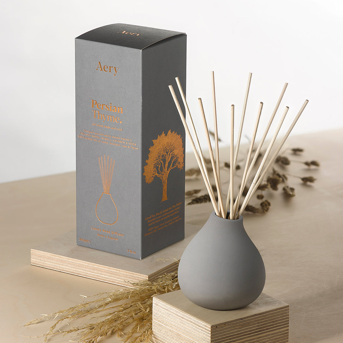 Aery Persian Thyme 200ml diffuser from the Fernweh collection showing diffuser and packaging on wooden table