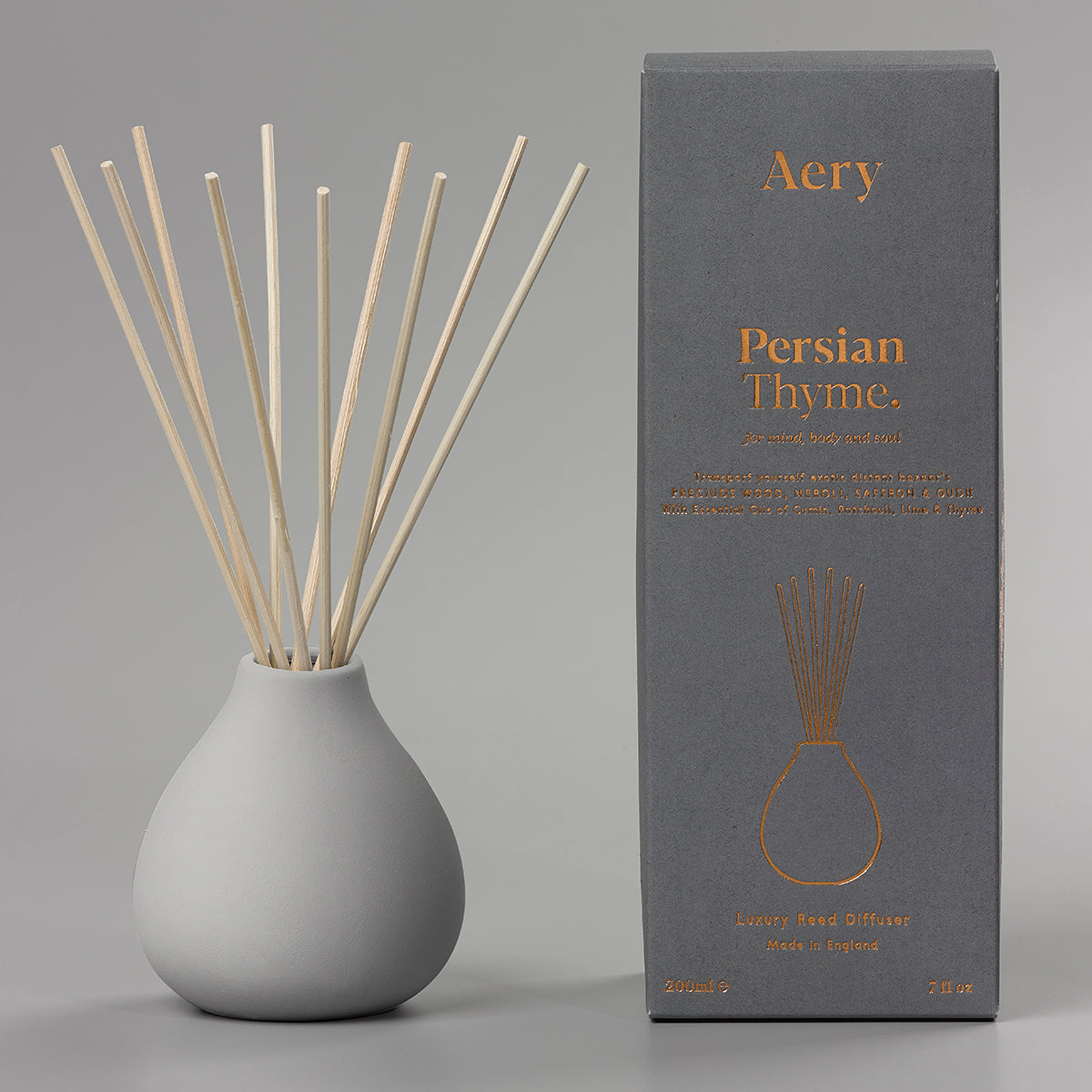Aery Persian Thyme 200ml diffuser from the Fernweh collection showing diffuser and packaging front facing with grey background