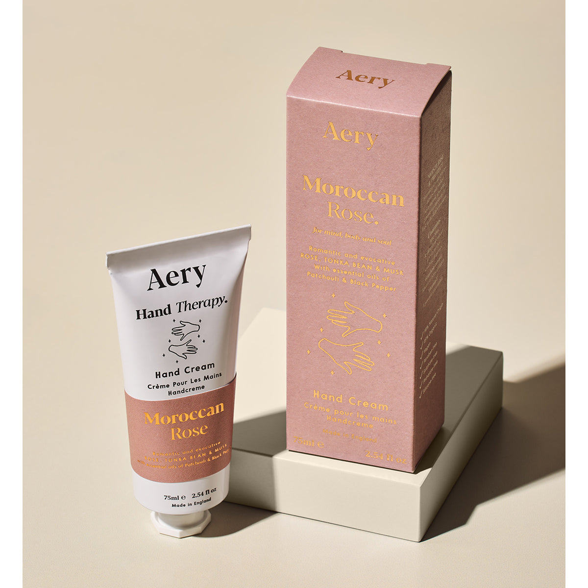 Aery 75ml Moroccan Rose hand cream from the Fernweh collection showing hand cream and packaging on beige background