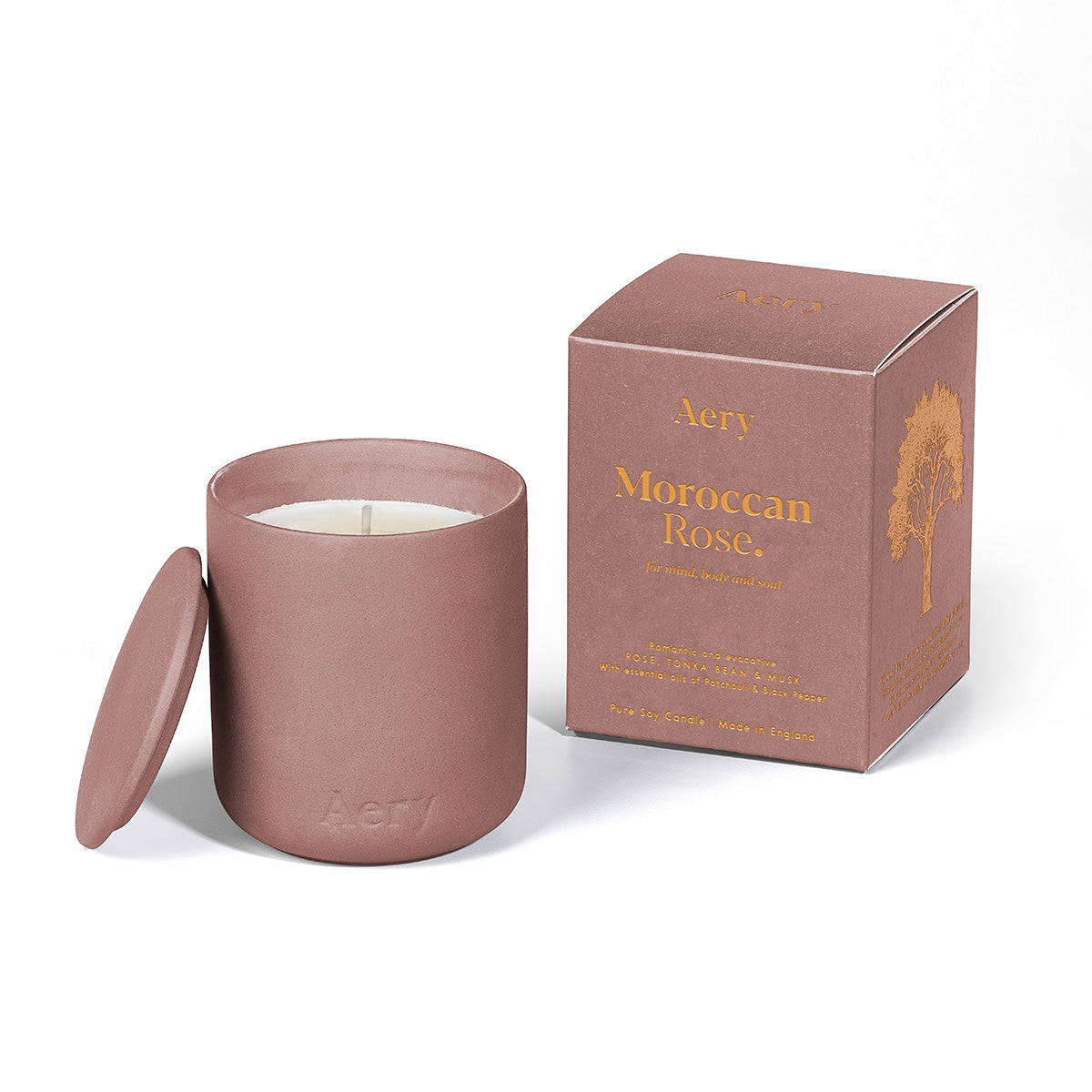 Aery Moroccan Rose 280gm candle with lid from the Fernweh collection and packaging on white backgrond