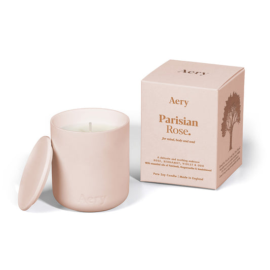 Aery Parisian Rose 280gm candle with lid from the Fernweh collection and packaging on white backgrond