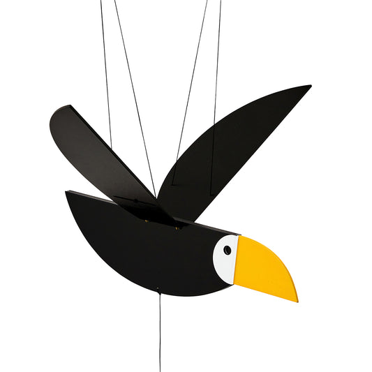 Close up of Areaware Toucan Mobile flying white background